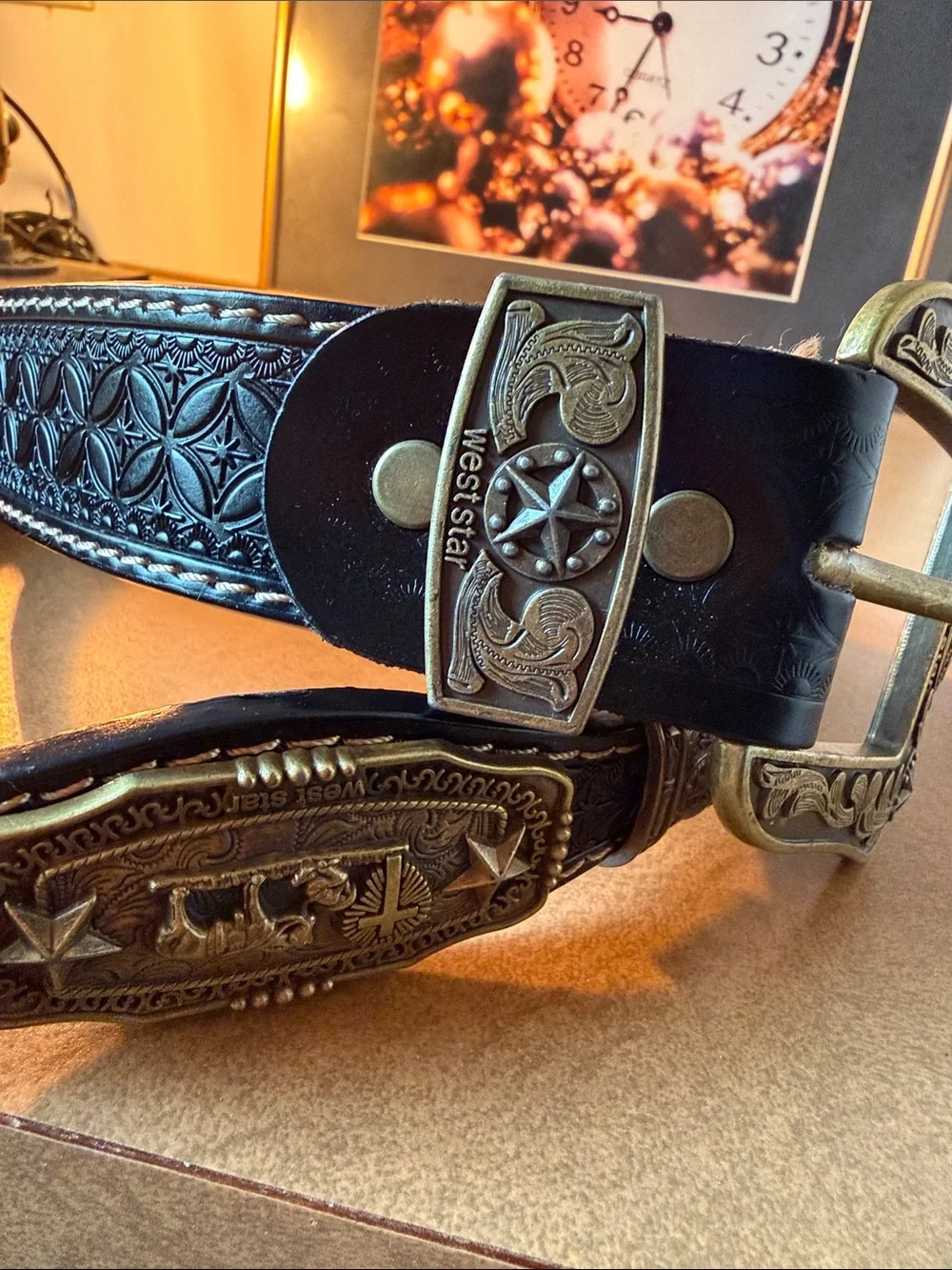 NWOT West Star Texas Western Brown Leather Belt with Ornate Antique Brass Buckle